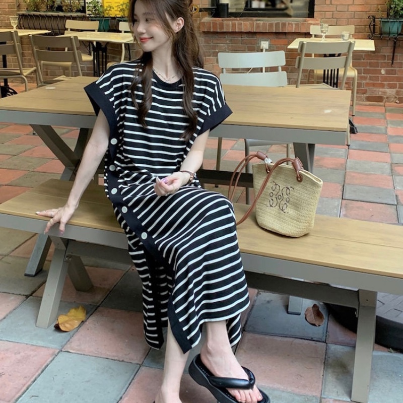 [Oversize Maxi Dress](40-150kg) Short Sleeves Plus Size Striped Maxi Dress Split Button Perempuan Pakaian Wanita Korean Style Fashion Wear