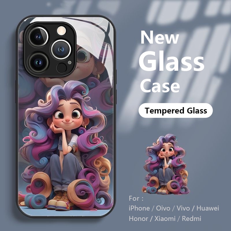 Casing OPPO Reno 10 9 4 5 5k 6 7se 7z 8 8T Z Pro Plus Pro+ A53 A53S A55 A57 A58 A73 A78 A91 A93S 5G Find X3 X5 X6 5G Case Cute Fashion Girl Cartoon Tempered Glass Protector Cover