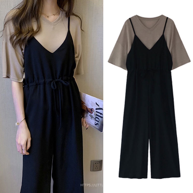 Korean Style Women Ladies Jumpsuit Set Plus Size Casual Suits Long Wide Leg Suspenders Pants + T Shirt Overalls Paysuits