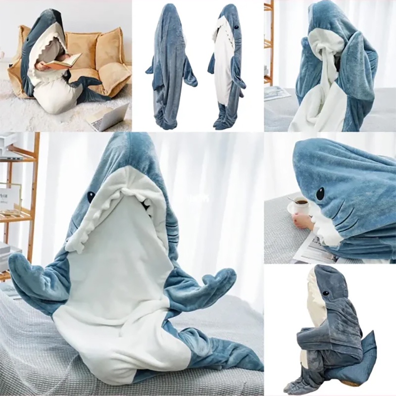 【Ready Stock】2023 New shark blanket Hooded Shark Pajamas Costume Adorable Animal Shark Onesie Blanket for Kids & Adults Unisex Lounge Homewear for Lazy Days