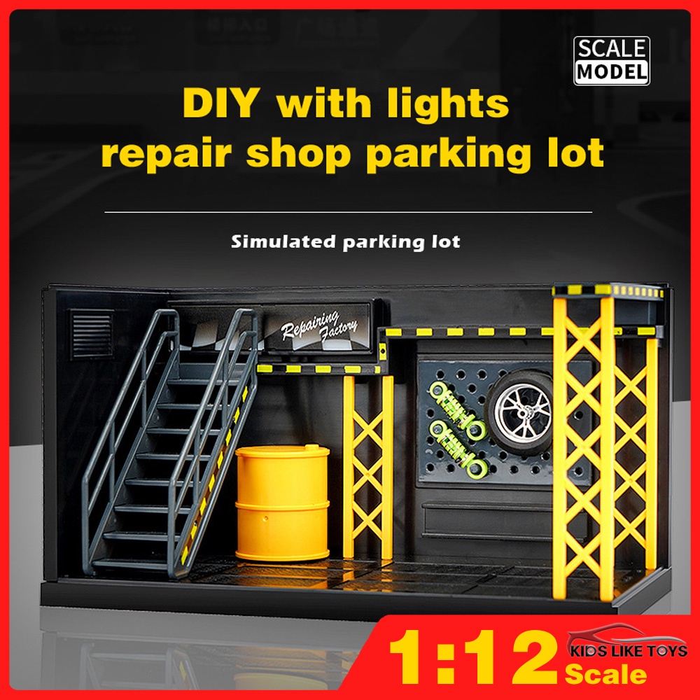 Essential Must KLT Simulated garage model alloy car storage display DIY light repair shop parking lot scene ornaments... - Image 4