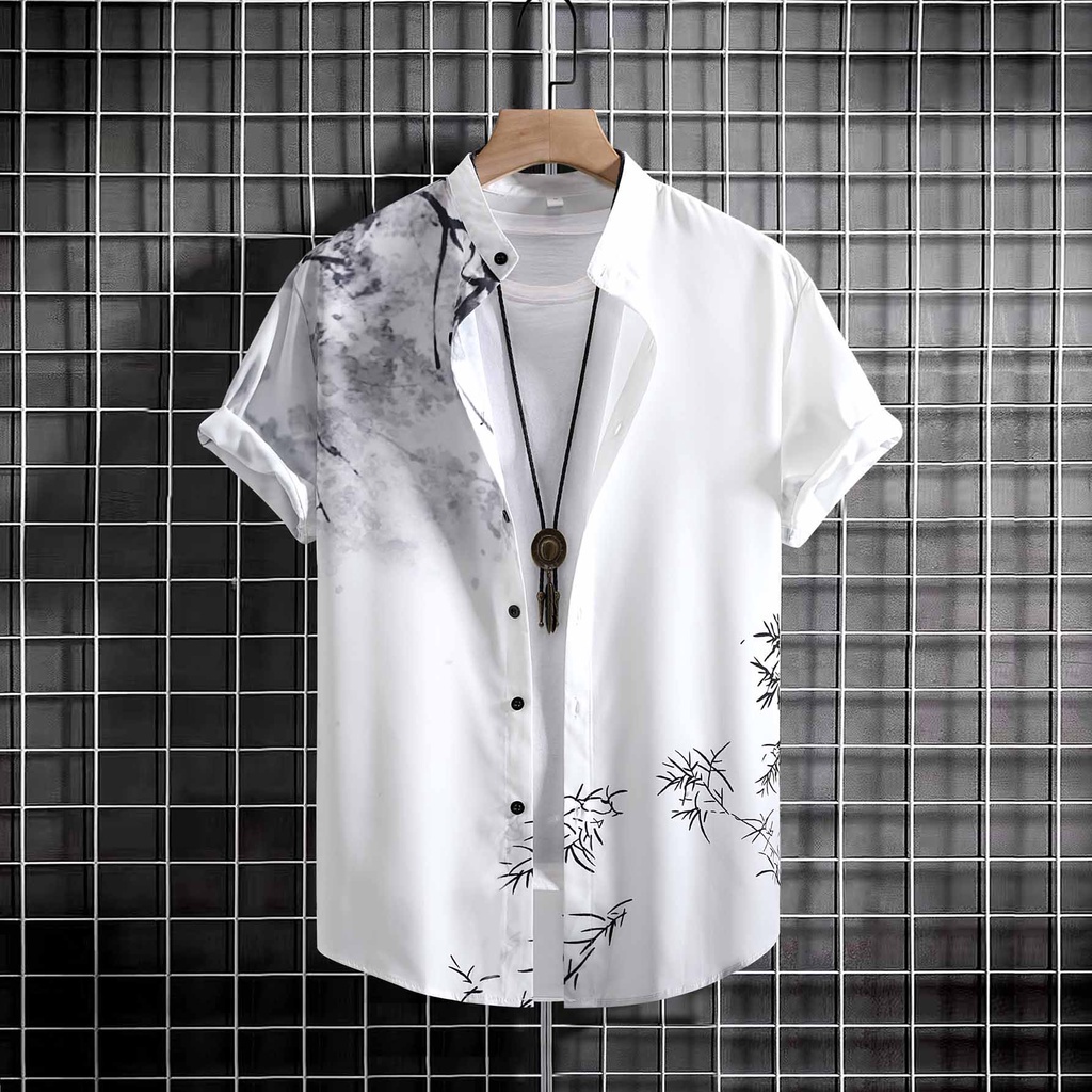 Quality Must 2023 New Men's Chinese Style Stand Collar Short Sleeve Button Cotton Solid Color Casual Floral Shirt Plu... - Image 3