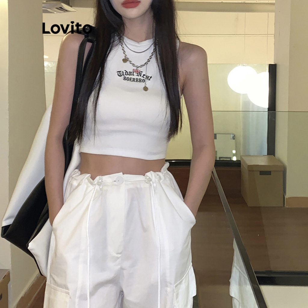 Multi Quality Lovito Casual Letter Pattern Rib-Knit Sleeveless Tank Top Women LNA08082 (Army Green/White) Tanpa Lenga... - Image 2