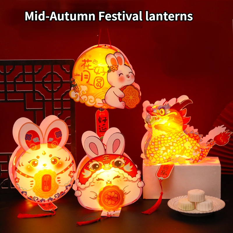 Traditional Handicraft Mid-autumn Festival Paper Lanterns Children's DIY Jade Rabbit Lantern with LED Lights Mid-Autumn Festival Creative Decorations