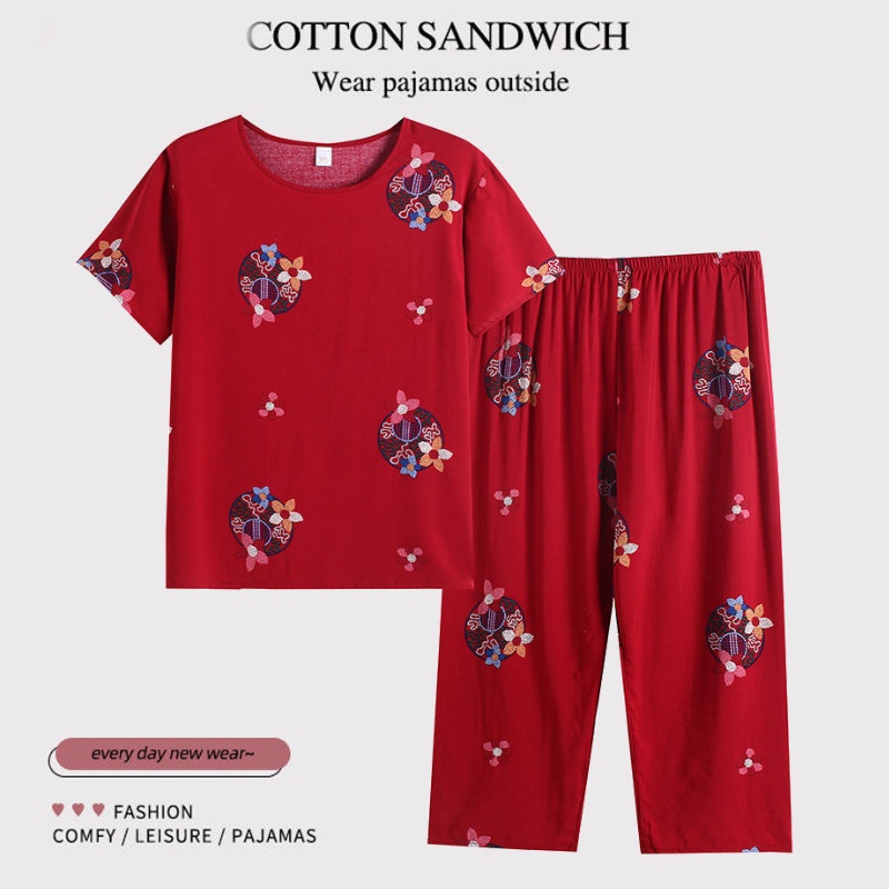 Multi Durable Summer Cotton Silk Casual Suit Plus Size Loose Short Sleeve + Cropped Pants Two Piece Set Have Versatile - Image 5