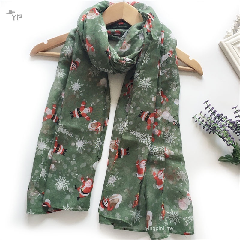 Chic Green Santa Claus Print Scarf - Breathable, Non-Stretch Fabric for Women | Perfect Christmas Accessory