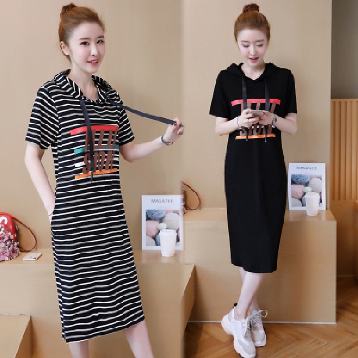 MURAH... Summer Women Dress Fashion casual hoodie A-line skirt Korean style dress Large size short sleeve long skirt