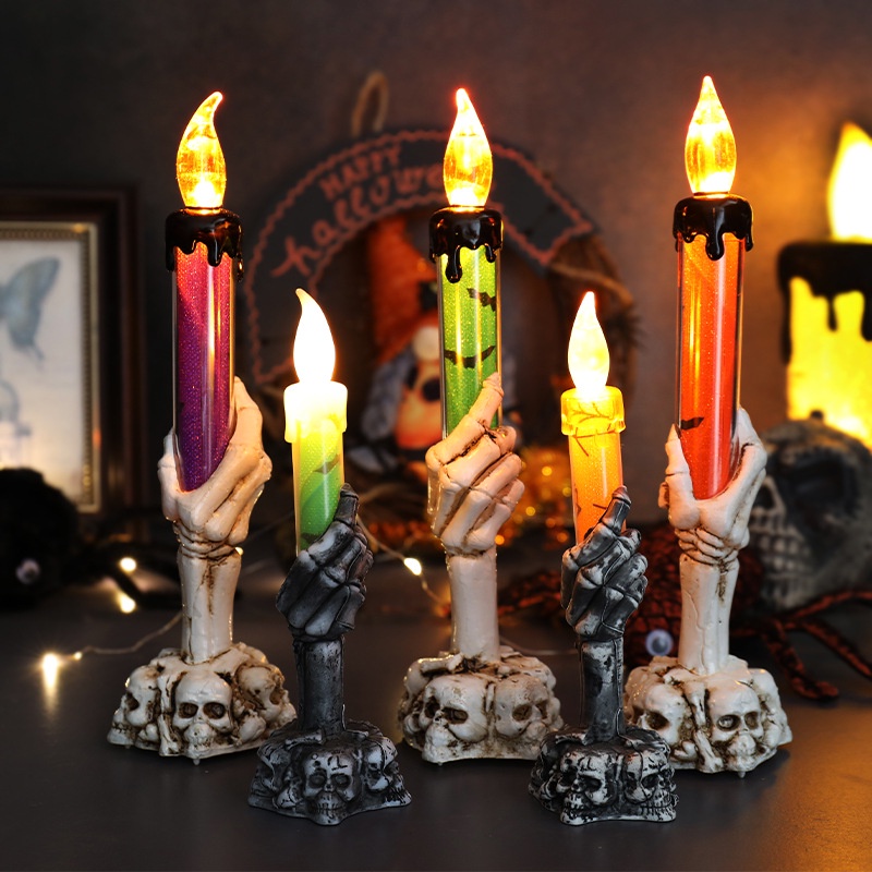 Halloween Electronic Candle Light Haunted House Decoration Candle Holder Props Skeleton Ghost Hand Light Set Decoration