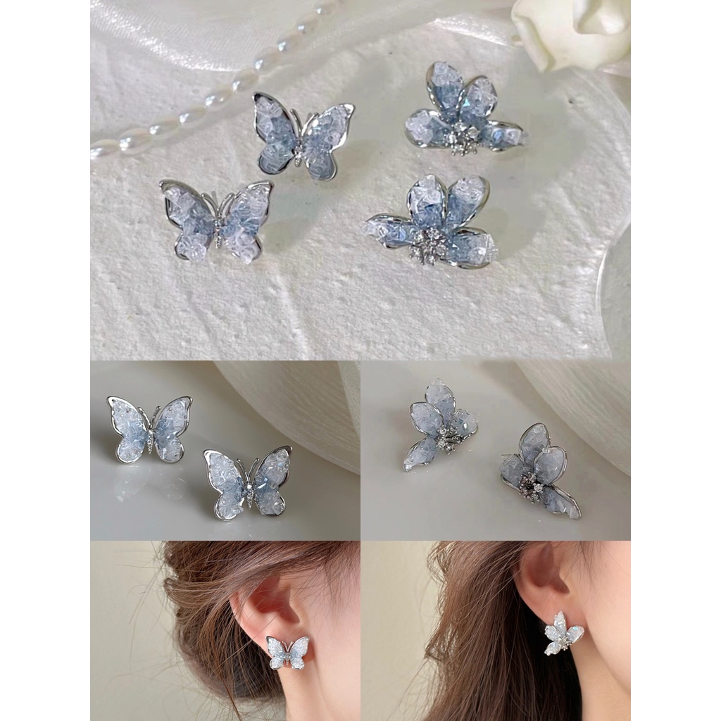 Korea's new Morandi blue gradient crystal butterfly stud earrings for girls