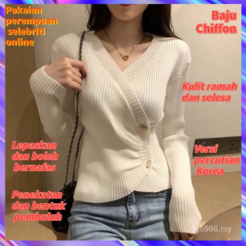 【Online celebrity women's clothing】Ready Stock Women's Clothing 2023 Autumn Winter New Style Korean Version V-Neck Sweater Irregular Slim-fit Long-Sleeve