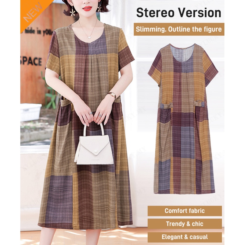 [Hot Sell]Summer Plaid pattern plus-size dress for women women's cover belly loose dress Fabrics are comfortable and breathable Soft and skin-friendly Mom's Dresses