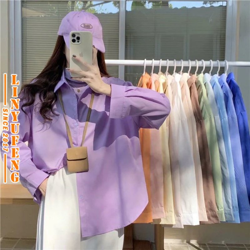 Plus Size S-3XL Women Chiffon Blouse Baggy Flowy Korean Style Long Sleeve V Neck Loose Slim Plain Casual Ladies Shirt Woman Top White Blue Purple Apricot Green Baju Kemeja Slack Perempuan Blaus Wanita Terkini Muslimah Murah Biru Ungu Aprikot Hijau