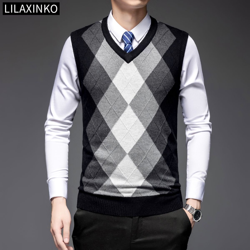 4 Color Men Vest Sleeveless Sweater Wool Knit V Neck Checkered Plaid Basic Top Casual Classic Autumn Winter New Fashion Clothes