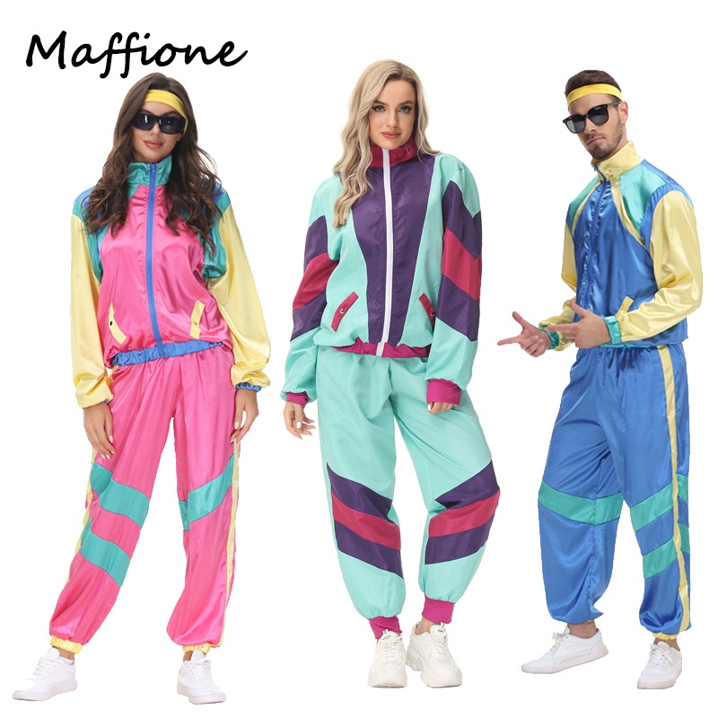 Women Men 80's Retro Disco Hip Hop Sportswear Vintage Cosplay Tracksuit Costumes Outfits Zip Up Jacket Pants