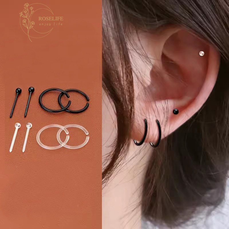 Roselife Unisex 10PCs Black Transparent Resin Round Ball Stud Earrings Set for Women Men Waterproof Hypoallergenic Tiny Ear Jewelry （come without earstoppers））