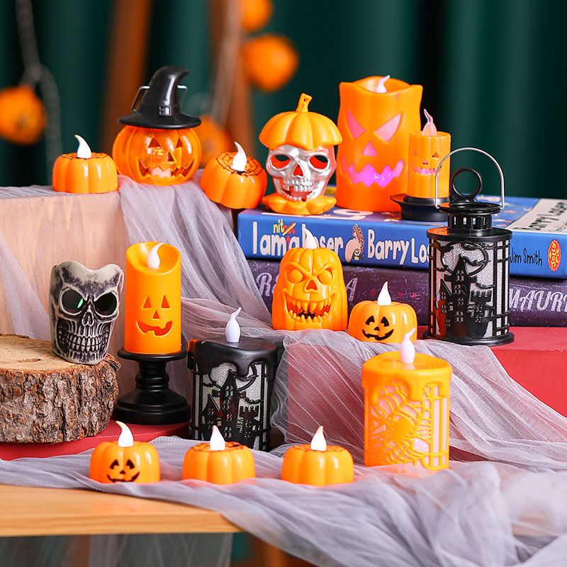 Halloween decorations glowing LED candles pumpkin lanterns bar desktop electronic candle ornaments haunted house scene decorations