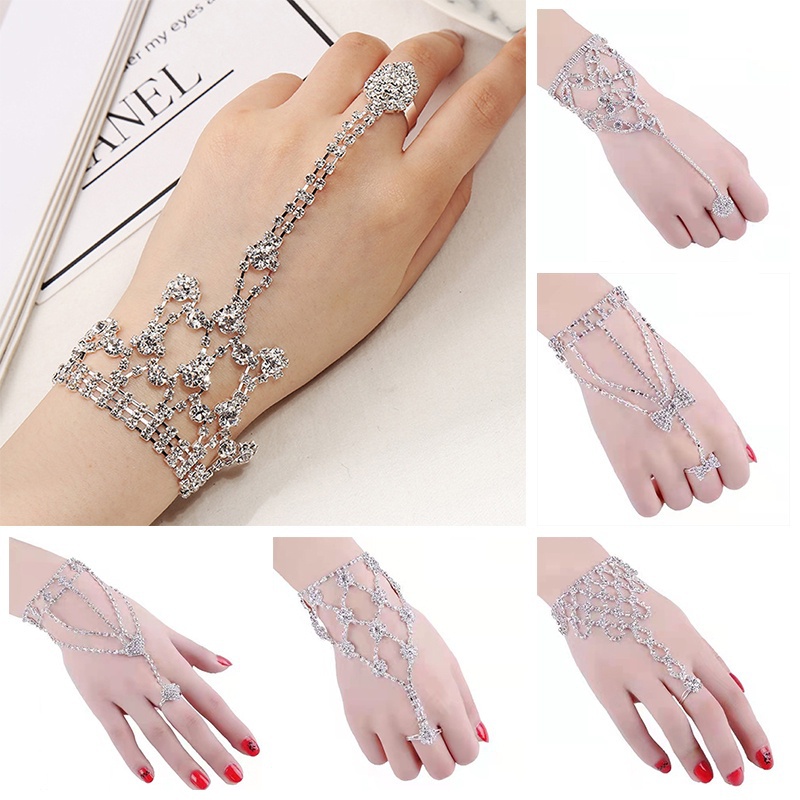 Vintage Rhinestone Bracelet With Finger Ring Silver Color Crown Link Wrist Simple Chain For Women Charms Lady Trendy Jewelry Gifts