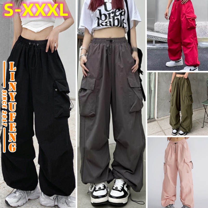 Y2K Streetwear Long Parachute Cargo Pants Women Sport Casual Baggy Wide Leg Straight Cut Plus Size Pocket High Waist Ladies Oversize Woman Trousers Celana Seluar Kargo Slack Panjang Poket Tepi Perempuan Wanita Murah 女工装裤 Black Grey Army Green Hitam