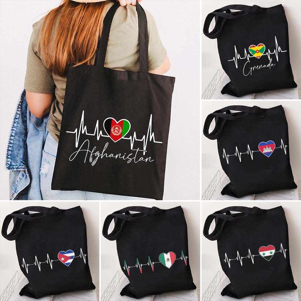 【In stock】Palestine Mexico Malian Greece Cuba Bulgaria Romania Bissau Venezuela Afghan Heartbeat Heart Flag Canvas Tote Bag Cotton Handbag