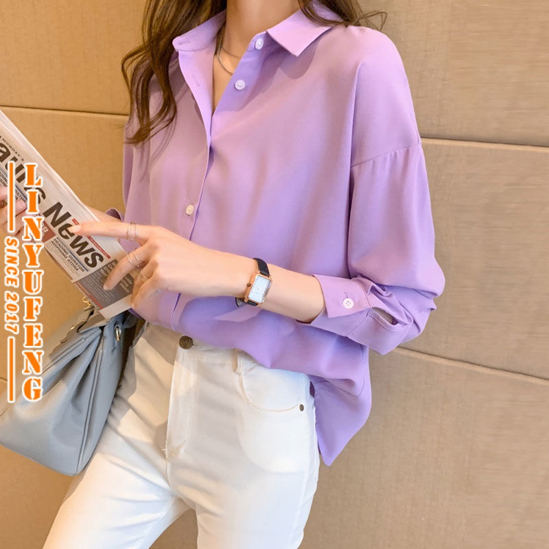 Chiffon Baggy Blouse Women Korean Style Plus Size Plain Office Elegant Temperament Long Sleeve Tops Fashion Woman Ladies Simple Loose Drape Shirt Baju Lengan Panjang Kemeja Perempuan blaus wanita terkini Muslimah Murah Black White Green Purple Hitam Putih