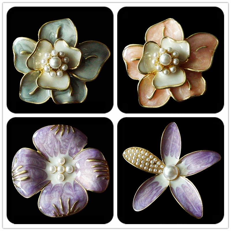Vintage Pink Purple Glaze Love Flower Pearl Brooch Antique Carving Brooch Jewelry Clothing Accessories
