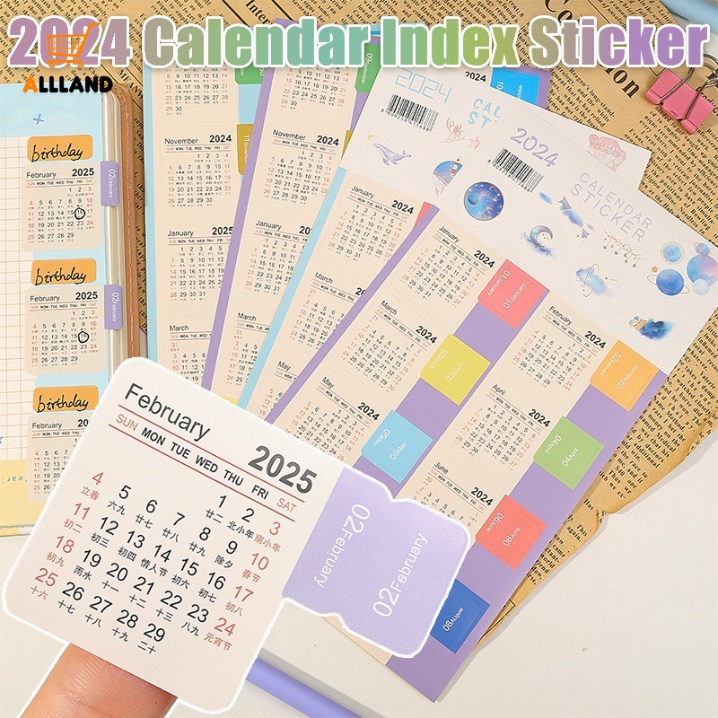 1 Sheet 2024 Yearly Calendar Stickers/ Kawaii Notebook Planner Index Labels Bookmarks/ Monthly Stationery Stickers Office Supplies