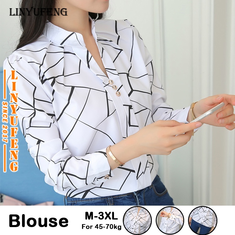 Plus Size M-3XL Women Baggy Blouse Korean Style Printed Fashion Casual Office Formal Elegant Temperament Long Sleeve Woman Ladies Simple Loose Shirt Tops Baju Lengan Panjang Kemeja Perempuan Blaus Wanita Terkini Muslimah Murah White Putih Baju Raya 2024