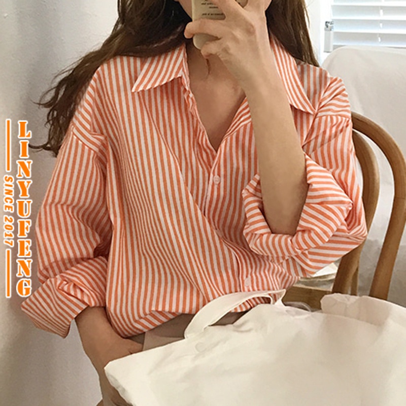 Chiffon Stripe Blouse Women Korean Style Seven Sleeve Casual Loose Fashion Blue Orange Shirt Baggy Baju Blaus Wanita Terkini Perempuan Lengan Panjang Muslimah Murah Woman Ladies Tops Oren Biru