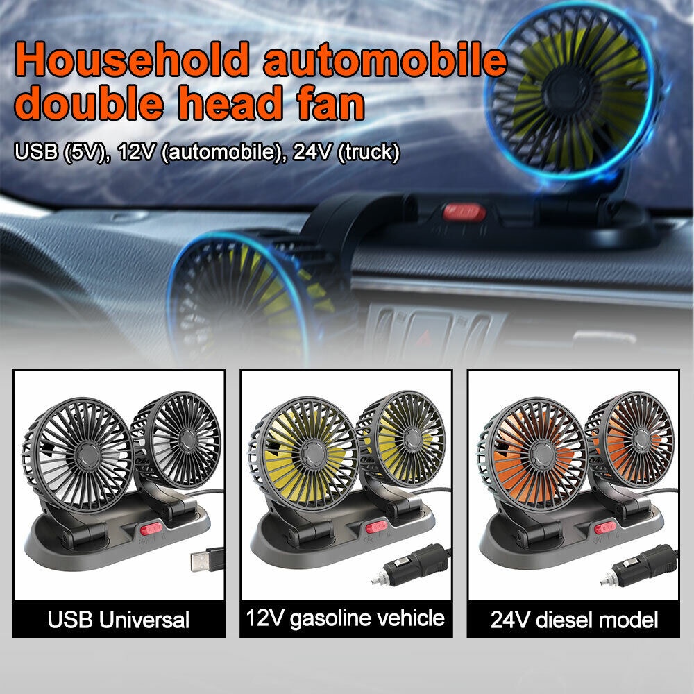Must Versatile USB Car Household Double Head Fan 360° Adjustable USB/12V/24V Strong Cooling Wind Portable SUV Truck ... - Image 4