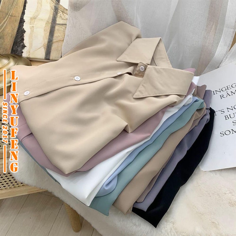 Chiffon Baggy Blouse Women Korean Style Plus Size Ironless Plain Office Elegant Vintage Long Sleeve Top Casual Loose Woman Ladies Retro Drape Shirt Baju Kemeja Lengan Panjang Perempuan Blaus Wanita Terkini Muslimah Murah White Black Green Pink Putih Hitam