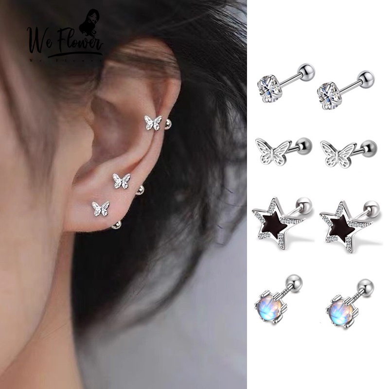 We Flower Trendy S925 Silver Rhinestone Heart Star Butterfly Pierced Screw Earrings for Women Men Hypoallergenic Ear Studs Jewelry
