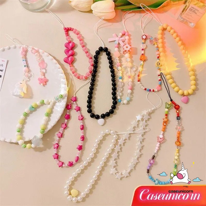Sweet Cool Girl Mobile Phone Accessories Bracelet Lanyard Rose Red Love Heart Stars Color Flowers Bead Transparent Pearl Bracelet Keychain Phone Lanyard