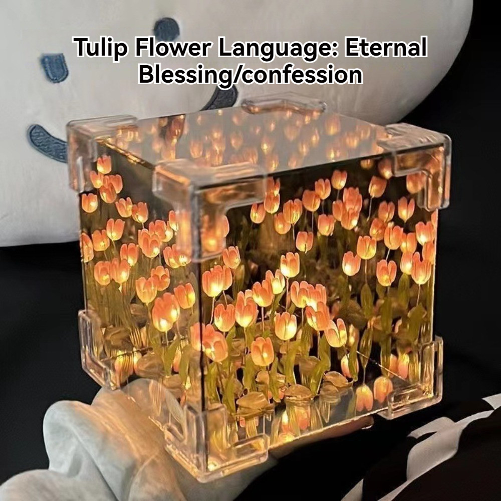 DIY Tulip Mirror Cube Lamp Simulation Flower Night Lamp Bedroom Sleeping Table Lamp Aesthetic Handmade Craft Decorate