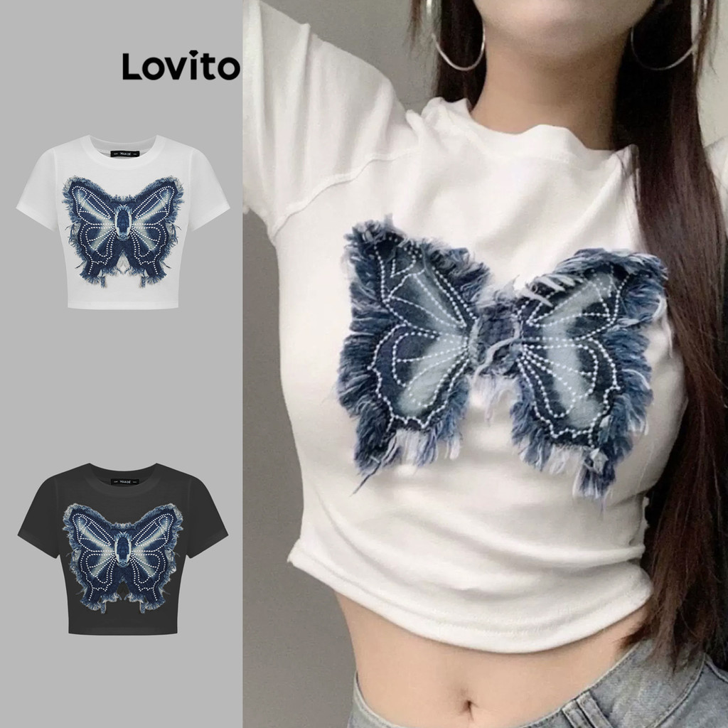 Lovito Cute Butterfly Patched Washed Bow T-Shirt for Women L97AD165 Lovito Kaos Pita Tambalan Dicuci Kupu-kupu Lucu untuk Wanita L97AD165