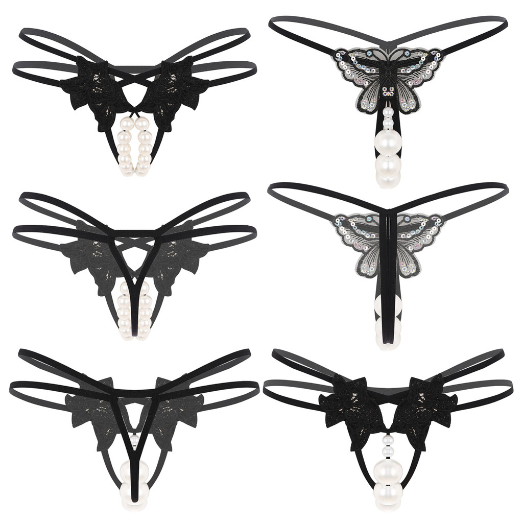 Nikiikoo Womens Faux Pearls G-String Thongs Spaghetti Waistband Open Crotch T-back Underwear Comforting Teasing Briefs
