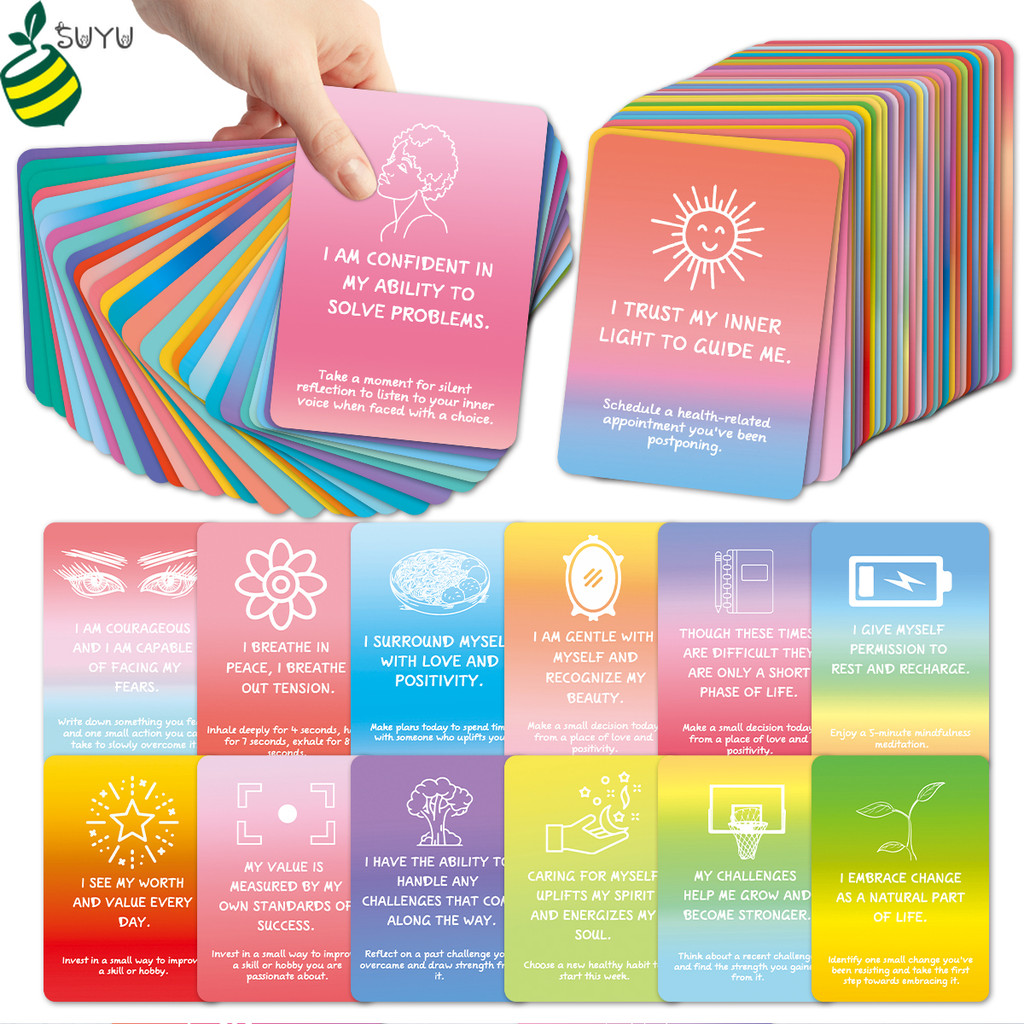 50Pcs Colorful Positive Affirmations Meditation Cards，Positive Affirmation Cards for Spiritual Self Care，Inspirational Mindfulness Deck，Stress Relief & Relaxation Gift for Women