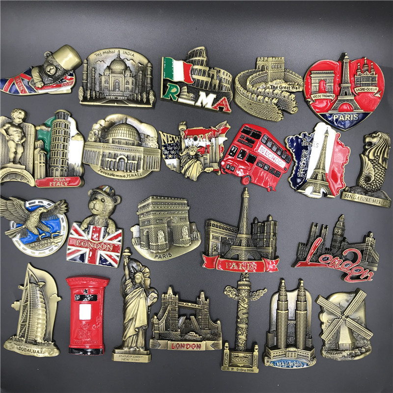 Magnetic Refrigerator Stickers Metal Refrigerator Stickers France American English Italian Madibai Belgium India Israel New Three-Dimensional Magnetic Commemorative High-End Home Decorations All