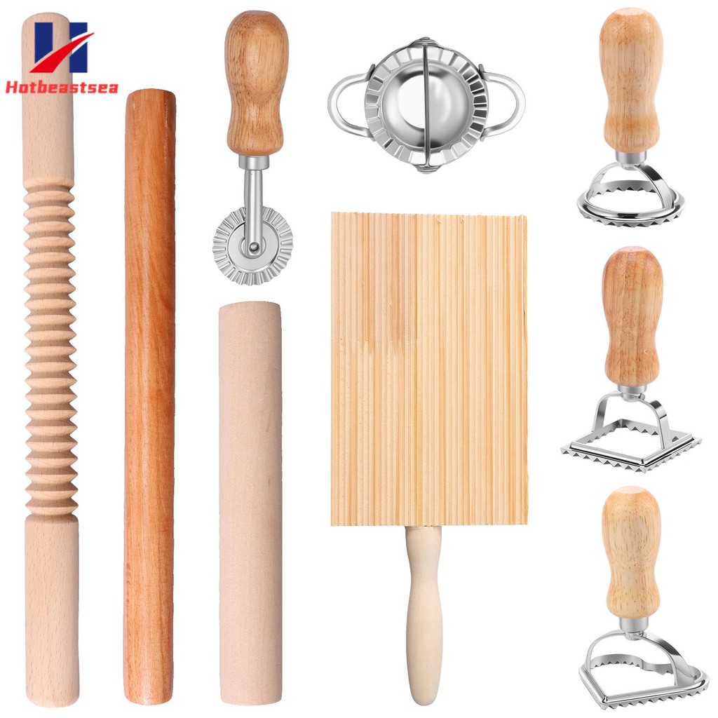 9 Pcs Pasta Making Tools DIY Pasta Making Kit Versatile Pasta Making Tool Set with Gnocchi Board Dough Cutter Dumpling Maker Ravioli Stamp Cutters Rolling Pins SHOPSKC0957