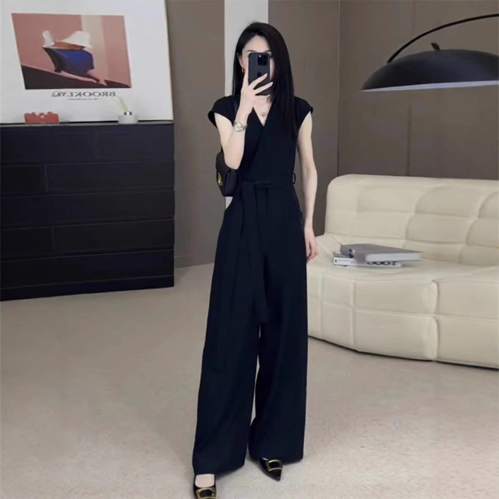 Women's Summer Professional Commuting Jumpsuit - V-Neck Waist Cincher with Slimming Solid Suspender Wide Legs