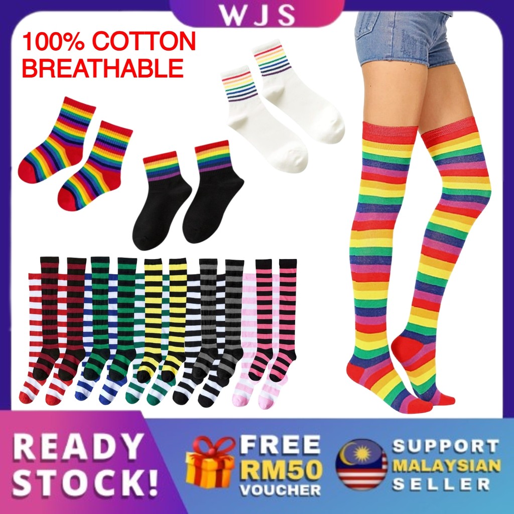 FREE RM50 VOUCHERMLQ Rainbow Socks Women's Tube Socks Stripes Summer Thin Cute Japanese High Tube Stokin Pelangi 彩虹袜