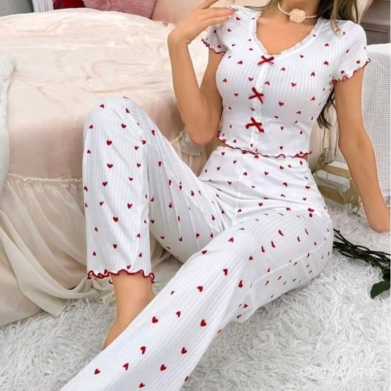 ❤New Female Cute Printed Loungewear Curled Heart V-Neck Long-Sleeved Pajamas Outer 少女孩可爱心印花睡衣 透气 舒适