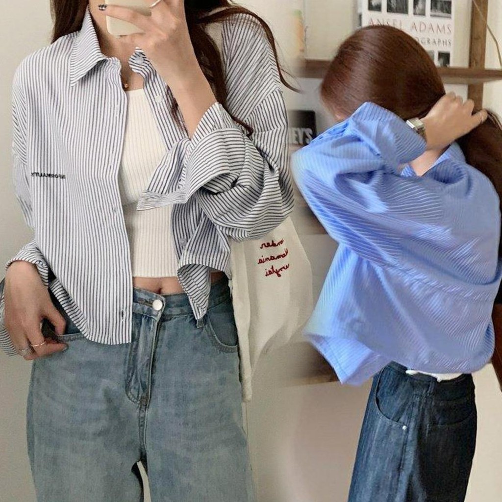 G&M#Blaus Berjalur untuk Wanita Kemeja Lengan Panjang Sulaman Longgar Pakaian Kasual Retro Atasan Crop Fesyen Korea#W521