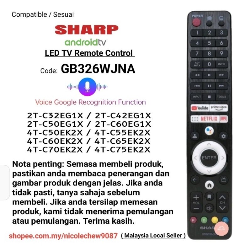 Sharp GB326WJNA android LED TV Remote Control EG1X With Voice Recognition Function