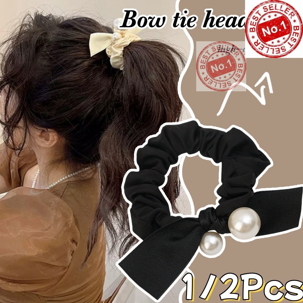 MC#1/2Pcs Fashion Minimalist Imitation Pearl Bowknot Hair Ties- Retro Elegant Elastic Rubber Band Hair Rope- Girls Daily