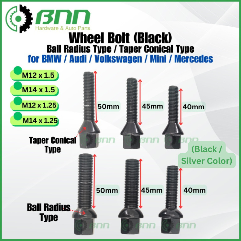 BLACK Mercedes BMW Audi Volkswagen Mini Extended Wheel Spacers Bolt Skru Tayar Rim long Lug use with spacer ( M12 / M14)