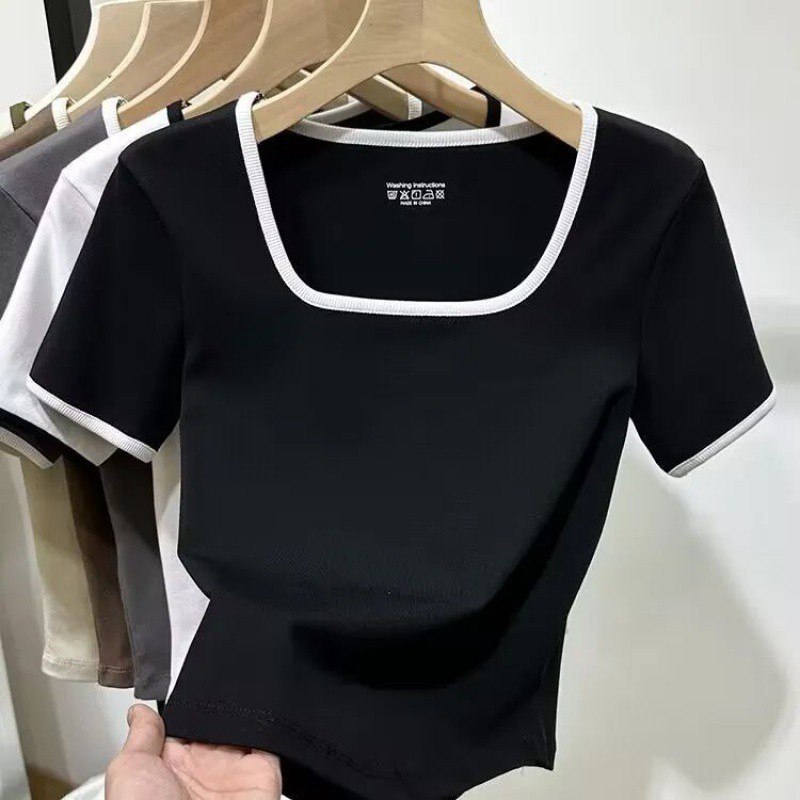 [SADO] Plus Size Women's Korean Version U-Neck Genuine Shoulder Striped Short-Sleeved T-Shirt Women Summer Fat Sister All-Match Cover Bell 大码女装韩版U领正肩条纹短袖T恤女夏季胖妹