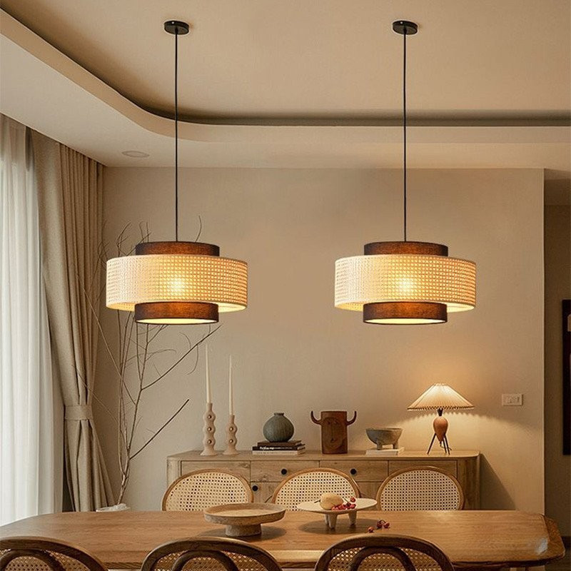 【Ready Stock Fast Send】Vintage Japanese Style Pendant Light Woven Bamboo Chandelier LED Dining Table Hanging Lamp For Living Room Decoration Restaurant Kitchen RGJL