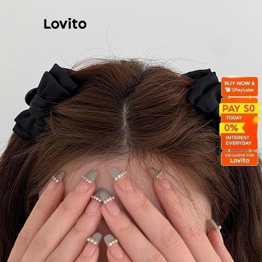 Lovito Casual Plain Bow Hair Clips for Women L60AD072 (Black) Lovito Jepit Rambut Pita Polos Kasual untuk Wanita