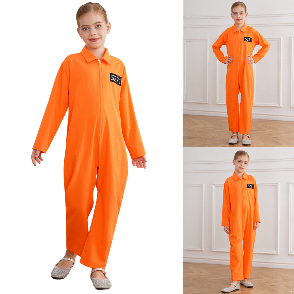 Mufeng Kids Prisoner Costume One Piece Long Sleeve Prisoner Jumpsuit Jailbird Inmate Prison Uniform Themed Party Cosplay Costume