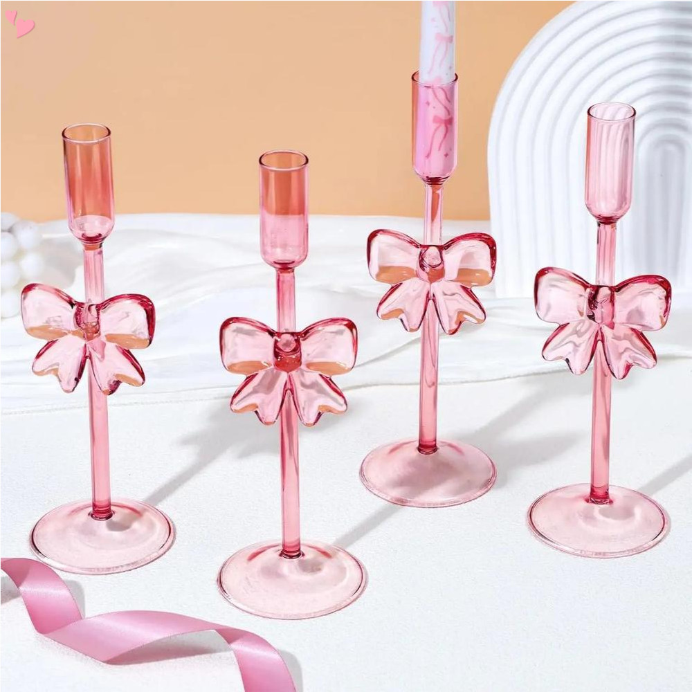 Glass Candle Holder Clear Vintage Taper Candlestick , Unique Bow Candle Sticks Decor for Table Dinner Festival Events Decorations